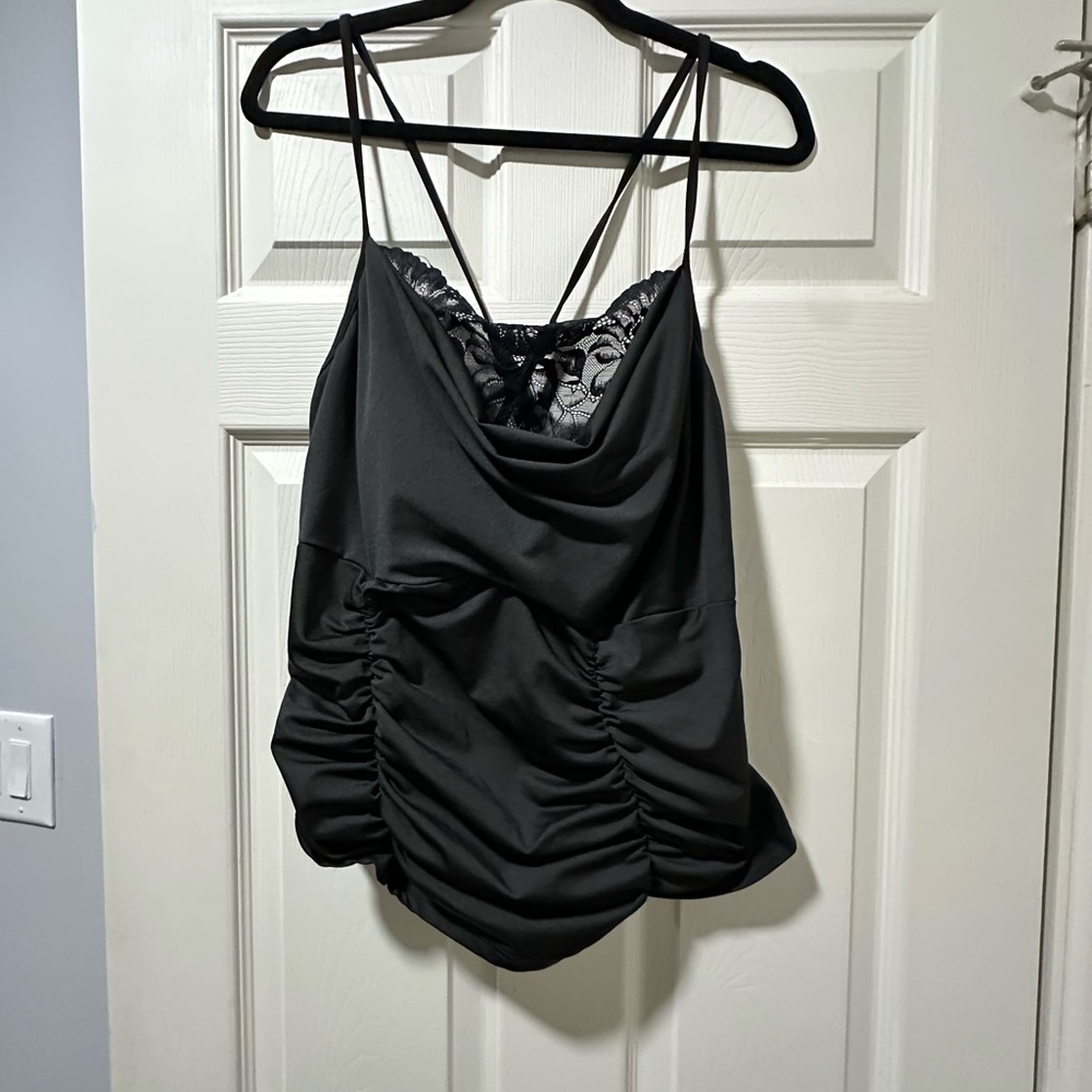 Black Ruched Cami Top with Lace Detail